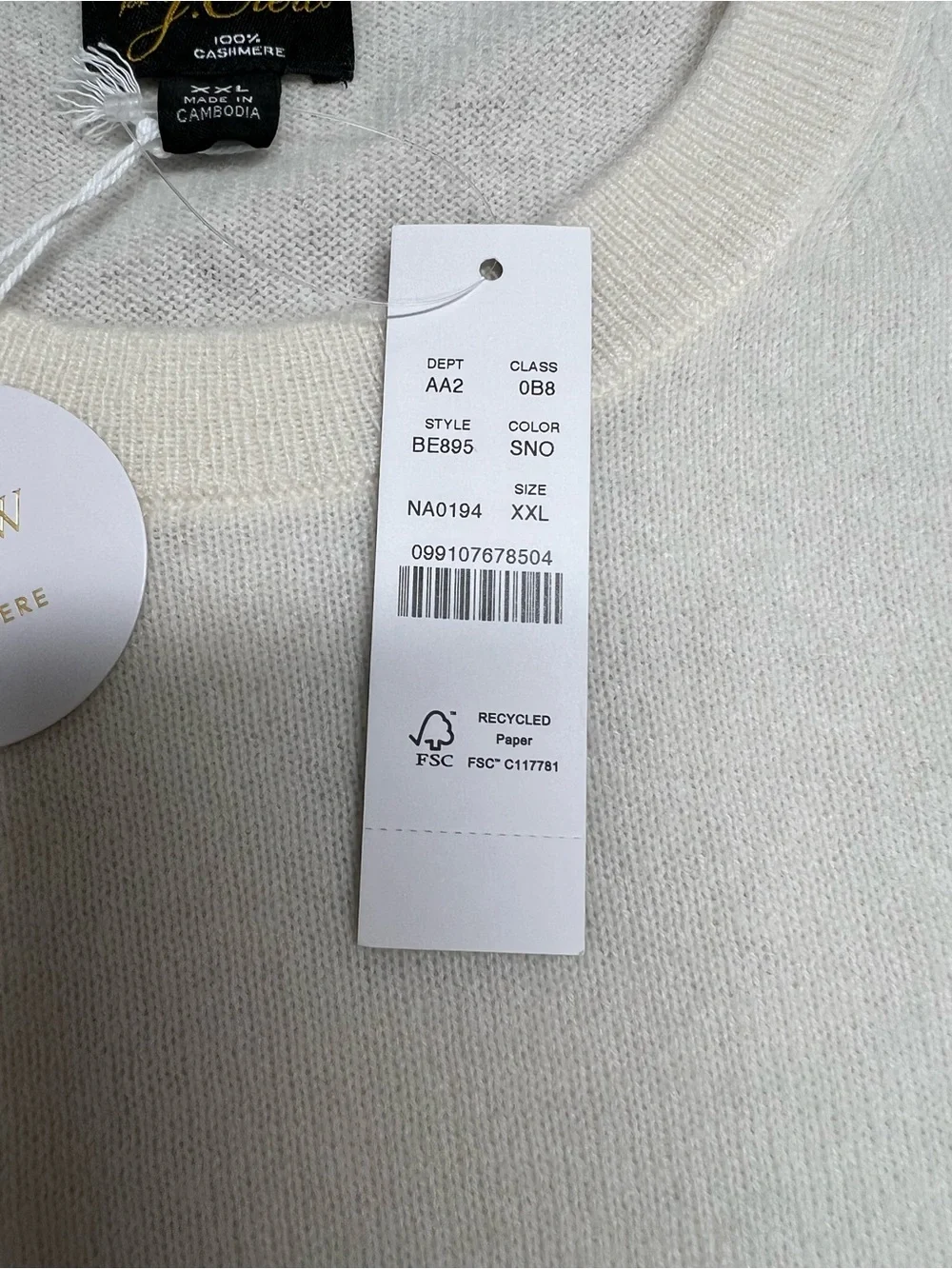 J. Crew Men’s Cashmere crewneck sweater in Snow Cream Size XXL NWT